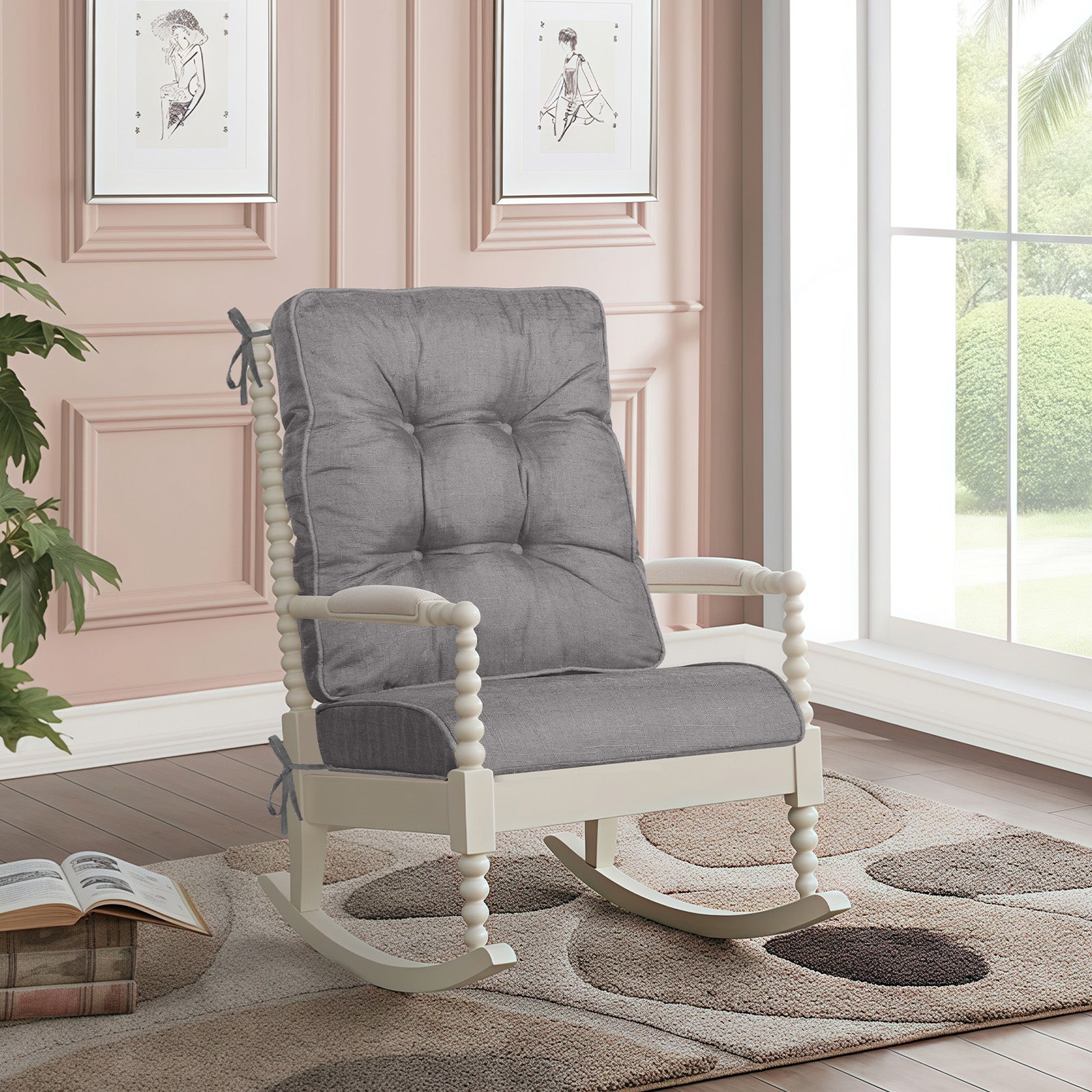 The rocking chair in the room is padded with idee-home Rocking Chair Cushion